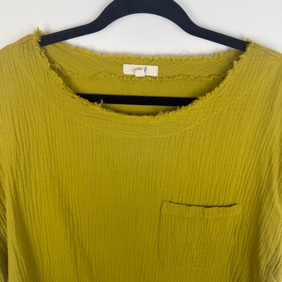 Easel Womens Scoop Neck Frayed Cotton Short Sleeve Mustard Yellow Blouse Small - Picture 3 of 10